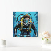 Individuelle Name Scuba Diver Quadratische Wanduhr (Zuhause)