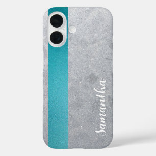 Individuelle Name Silber Glitzer & Aquamarin Strei iPhone 16 Hülle