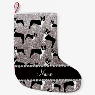 Individuelle Name Silber Glitzer Boston Terrier Kleiner Weihnachtsstrumpf