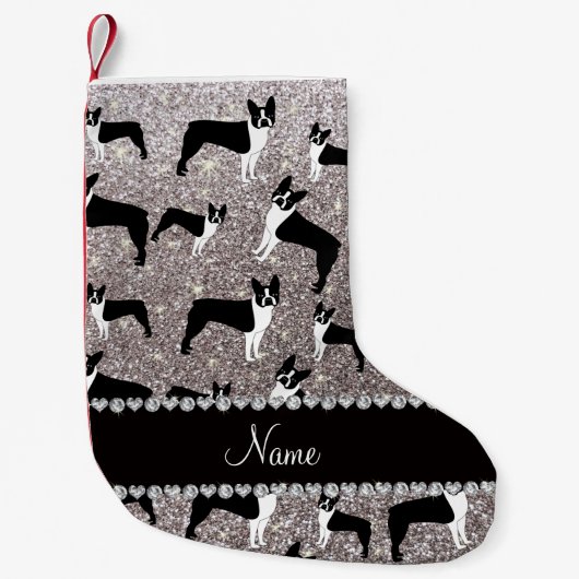 Individuelle Name Silber Glitzer Boston Terrier Kleiner Weihnachtsstrumpf (Vorderseite)
