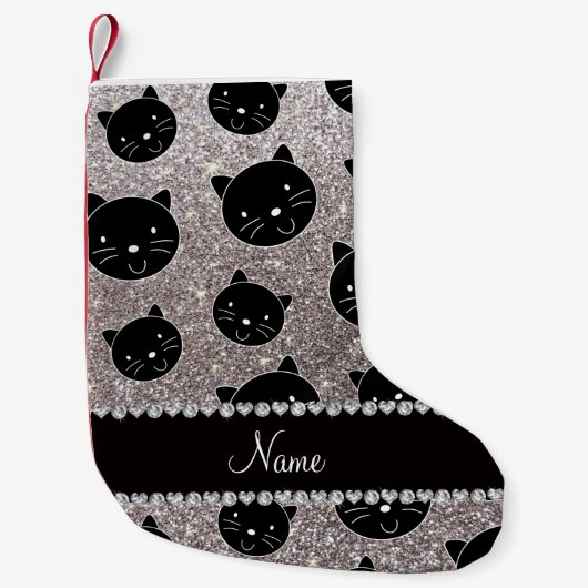 Individuelle Name silber Glitzer Schwarze Katze Ge Kleiner Weihnachtsstrumpf (Vorderseite)