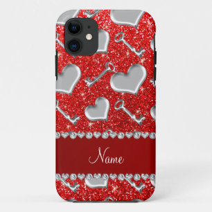 Individuelle Name Silberherzen Schlüssel Neon Rot iPhone 11 Hülle