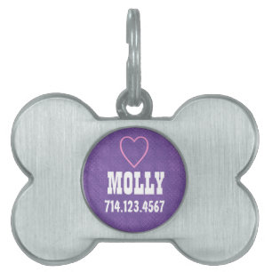 Individuelle Name Silver Bone Dog Tag LILA Herz Tiermarke