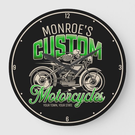 Individuelle Name Skeleton Motorrad-Shop Große Wanduhr (Vorderseite)