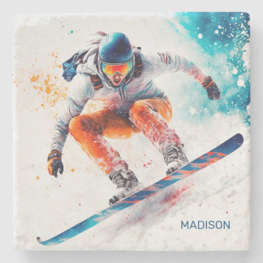 Individuelle Name Snowboarder Illustration Steinuntersetzer (Vorderseite)