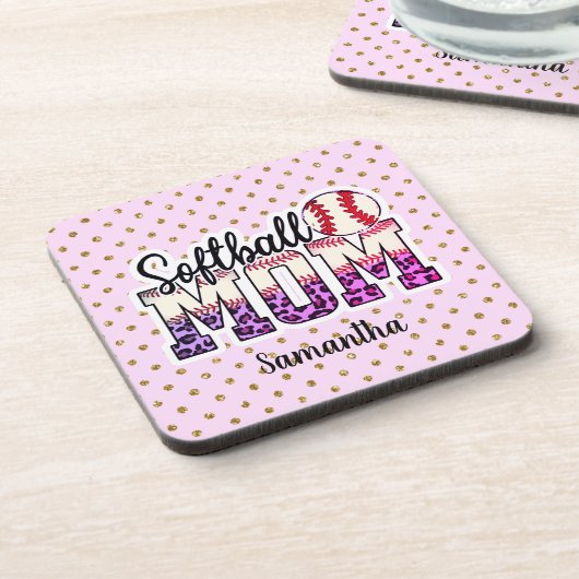 Individuelle Name Softball Mama | Pink und Gold Po Getränkeuntersetzer (Linke Seite)