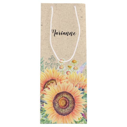 Individuelle Name| Sonnenblumen - Kraft - Papierwa Geschenktüte Für Weinflaschen (Vorderseite)