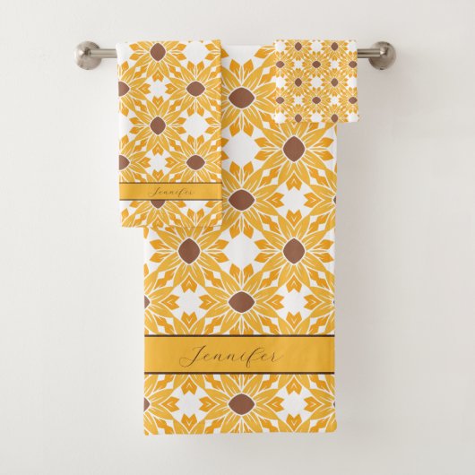 Individuelle Name Sonnenblumenmuster auf Weiß Badhandtuch Set (Insitu)