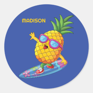 Individuelle Name Surfen Ananas Runder Aufkleber