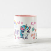 Individuelle Name-Tasse mit Einhorn und Aufklebern Zweifarbige Tasse (Mittel)