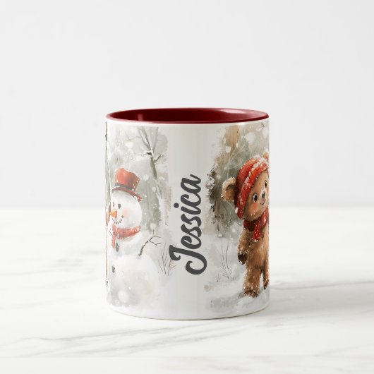 Individuelle Name Teddy Bear und Snowman Zweifarbige Tasse (Mittel)