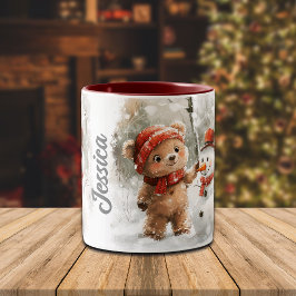 Individuelle Name Teddy Bear und Snowman Zweifarbige Tasse