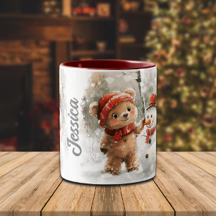 Individuelle Name Teddy Bear und Snowman Zweifarbige Tasse