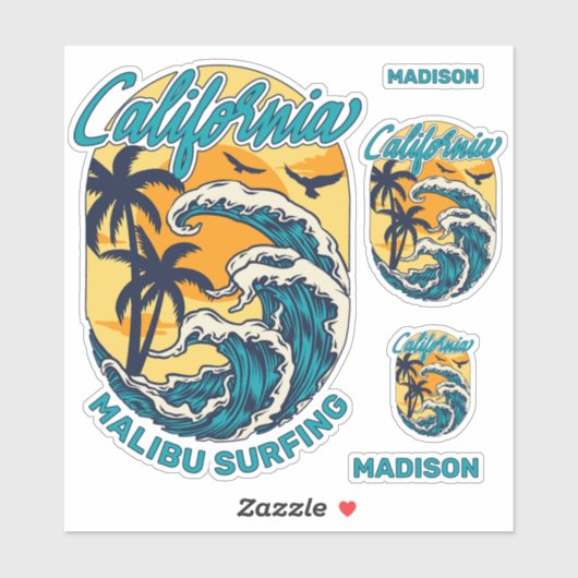 Individuelle Name / Text California Surfen Aufkleber (Blatt)