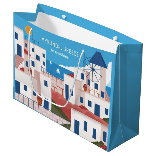 Individuelle Name & Text Mykonos Griechenland Große Geschenktüte (Vorderseite Schrägansicht)