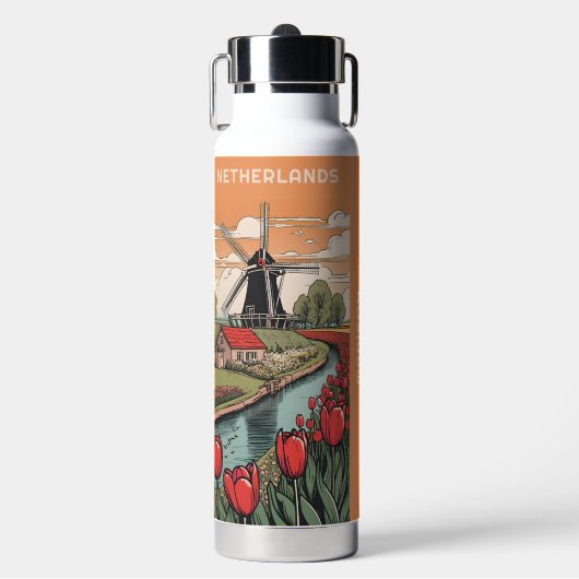 Individuelle Name & Text Niederlande Windmühlen Trinkflasche (Vorderseite)