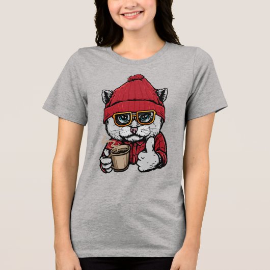 Individuelle Name / Text Niedlicher Kaffee Chat Tri-Blend Shirt (Vorderseite)