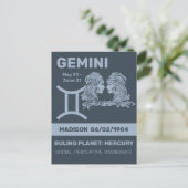 Individuelle Name/Text-Zodiac-Zeichen-Gemini Postkarte (Stehend Vorderseite)