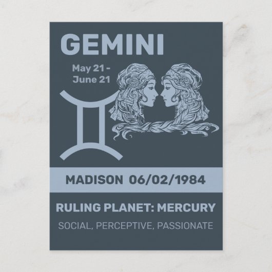 Individuelle Name/Text-Zodiac-Zeichen-Gemini Postkarte (Vorderseite)