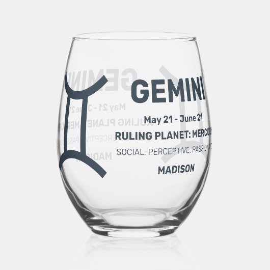 Individuelle Name/Text-Zodiac-Zeichen-Gemini Weinglas Ohne Stiel (Vorderseite)