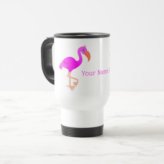 Individuelle Name Travel Mug mit rosa Flamingos Reisebecher (Vorderseite Links)