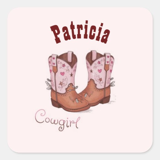 Individuelle Name Trendy Niedlich CowGirl Stiefel  Quadratischer Aufkleber (Vorderseite)