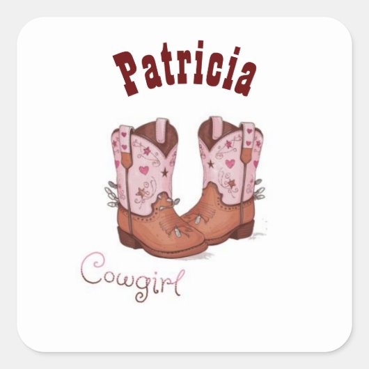 Individuelle Name Trendy Niedlich CowGirl Stiefel  Quadratischer Aufkleber (Vorderseite)