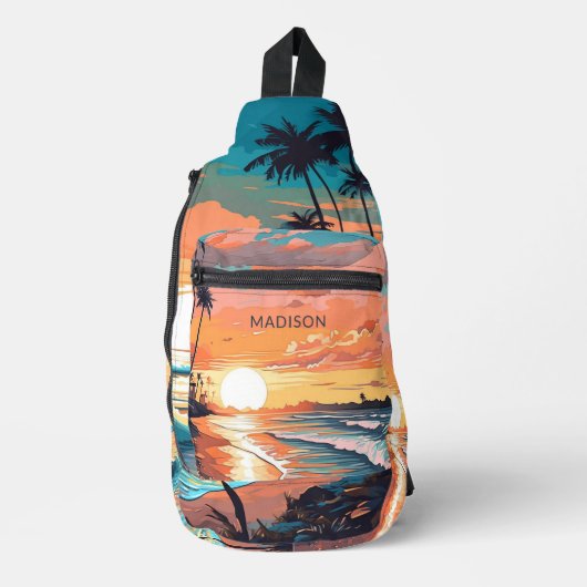Individuelle Name Tropical Beach Sunset Crossbody Bag (Vorderseite)