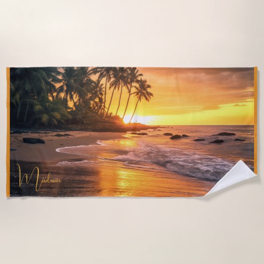 Individuelle Name Tropical Beach Sunset Strandtuch (Vorderseite)