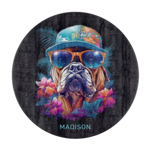 Individuelle Name Tropischer Urlaubshund Schneidebrett (Vorderseite)