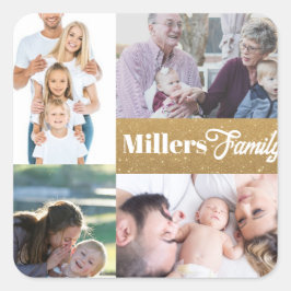 Individuelle Name und 4-Foto-Collage Gold Schlüsse Quadratischer Aufkleber