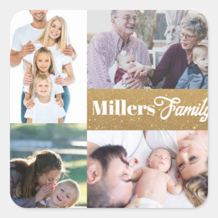 Individuelle Name und 4-Foto-Collage Gold Schlüsse Quadratischer Aufkleber
