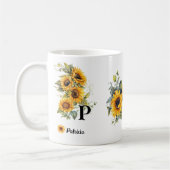 Individuelle Name und erste Sonnenblumen blühen ge Kaffeetasse (Links)
