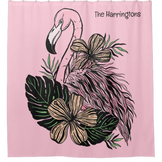 Individuelle Name und Farbrosa Flamingo Duschvorhang (Vorderseite)