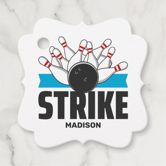 Individuelle Name- und Text-Bowling-Stoß Geschenkanhänger (Vorderseite)