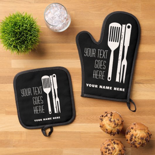 Individuelle Name- und Textfarbe Ofenhandschuh & Topflappen-Set (Oben Unten)