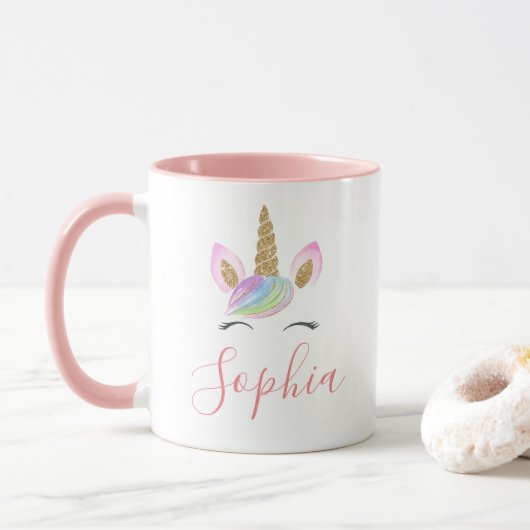 Individuelle Name Unicorn Head Niedlich Pastell Ra Tasse (Mit Donut)