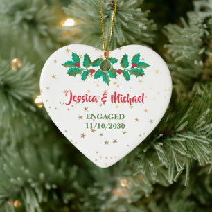 Individuelle Name Verlobt Red Green Holly Keramik Ornament
