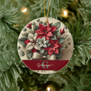 Individuelle Name Vintag Watercolor Poinsettia Bou Keramik Ornament