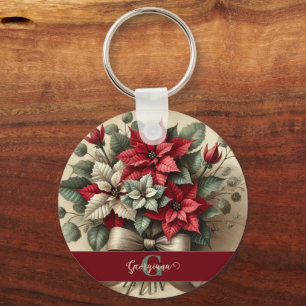 Individuelle Name Vintag Watercolor Poinsettia Bou Schlüsselanhänger