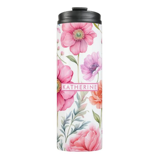 Individuelle Name Wasserfarbe Blume Thermosbecher (Vorderseite)