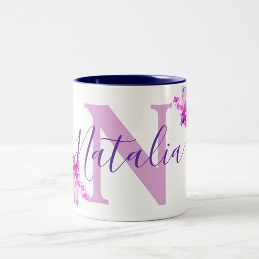 Individuelle Name Wasserfarbe Lila Rose Floral Nat Zweifarbige Tasse (Mittel)