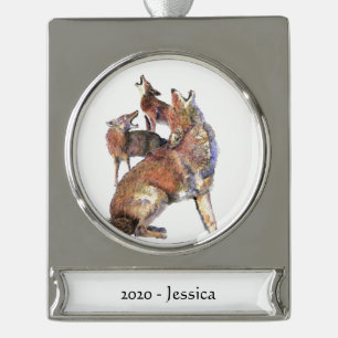 Individuelle Name Watercolor Howling Coyote Tierar Banner-Ornament Silber