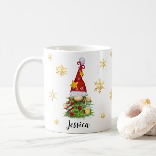 Individuelle Name Weihnachtsbaum Gnome Classic Tas Kaffeetasse (Mit Donut)