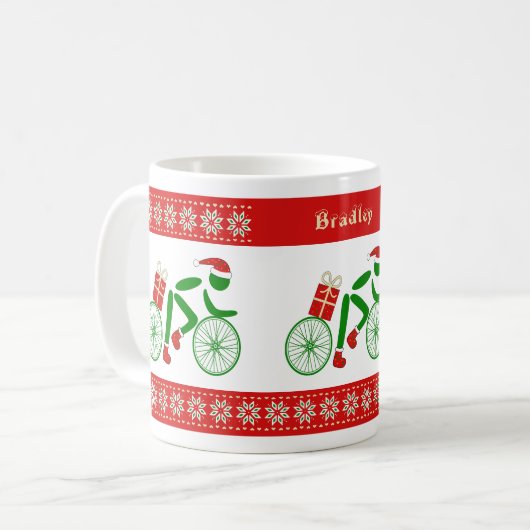 Individuelle Name-Weihnachtsradfahrer Kaffeetasse (Vorderseite Links)
