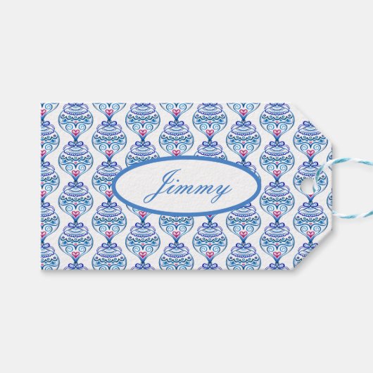 Individuelle Name Weihnachtsschmuck in Blau Geschenkanhänger (Vorderseite (Horizontal))