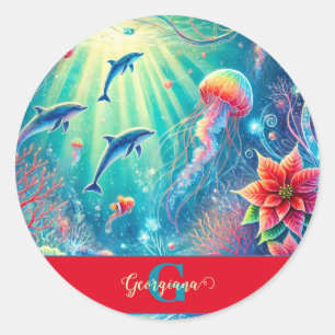 Individuelle Name Whimsical Floral Korallenriff Po Runder Aufkleber