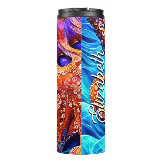 Individuelle Name Whimsical Octopus Blue Ocean Wav Thermosbecher (Rückseite)