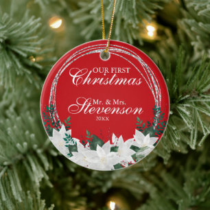 Individuelle Name White Poinsettia Weihnachten Keramik Ornament
