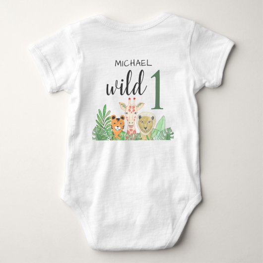 Individuelle Name Wild One Jungle Animals Grüne Baby Strampler (Rückseite)